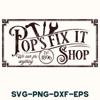 a black and white picture of a sign that says pop's fix it and