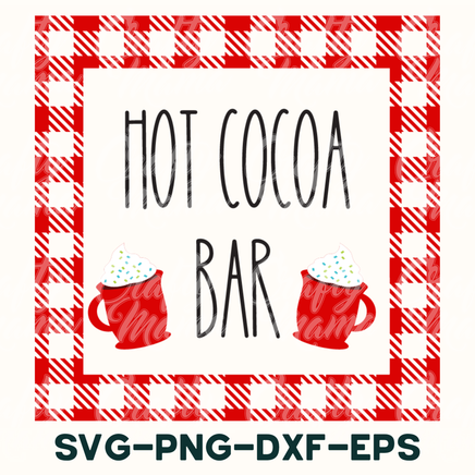 a red and white checkered sign with two mugs of hot cocoa