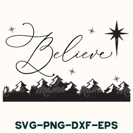 a black and white photo of a christmas scene with the words believe and a star