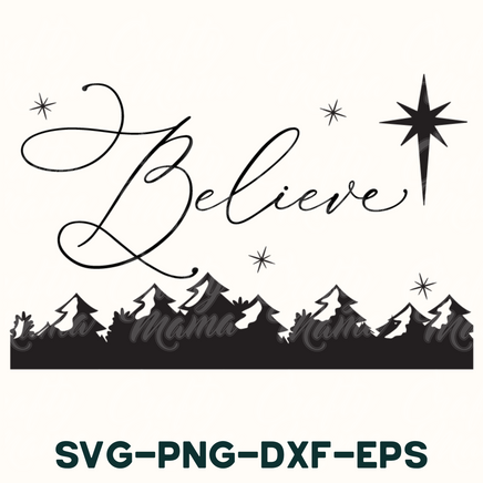 a black and white photo of a christmas scene with the words believe and a star