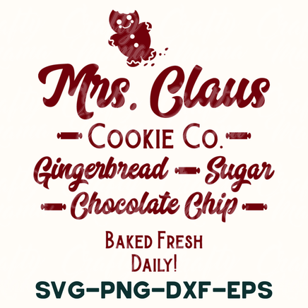 a sign that says mrs claus cookie co gingerbread sugar chocolate chip baked fresh daily