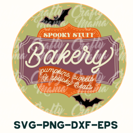 a sign that says spooky stuff bakery surrounded by bats