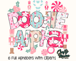 the words doodle alphabet are surrounded by candy canes and lollipops