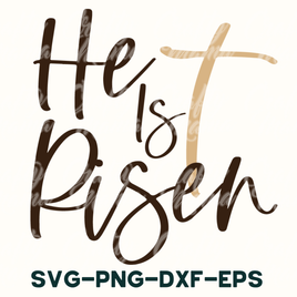 the word he is risen with a cross on it