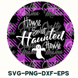 a purple and black circle with the words home sweet haunted house