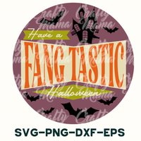 a round sticker with the words, have a fangtastic halloween on it