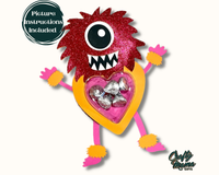 a red and yellow monster holding a heart