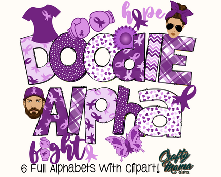 a purple and white poster with the words doodle alphabet