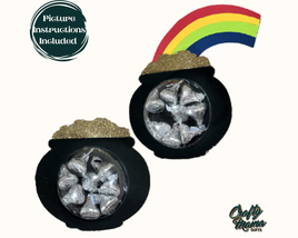 a pair of pot of gold coins with a rainbow in the background