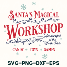 santa's magic workshop poster with candy toys, toys, and games