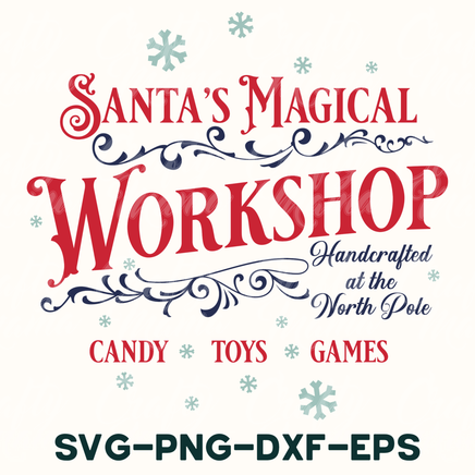 santa's magic workshop poster with candy toys, toys, and games