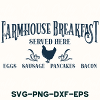 a sign that says farmhouse breakfast served here eggs sausage pancakes bacon