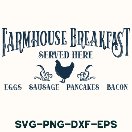 a sign that says farmhouse breakfast served here eggs sausage pancakes bacon