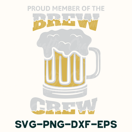 a beer mug with the words proud member of the brew crew