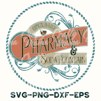 a pharmacy and soda fountain logo with the words open daily pharmacy and soda fountain