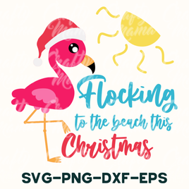 a pink flamingo wearing a santa hat with the words flocking to the beach