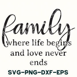 a black and white poster with the words family where life begins and love never ends