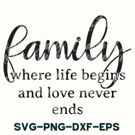 a black and white poster with the words family where life begins and love never ends