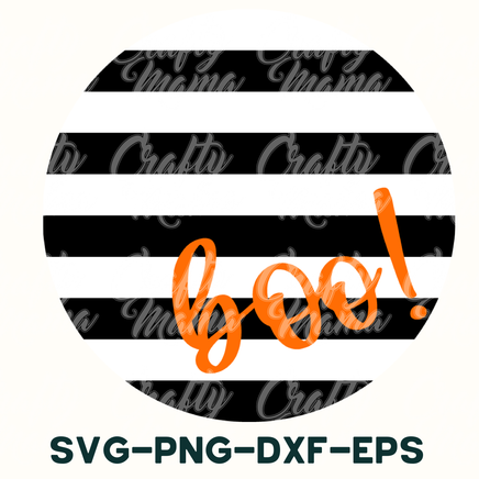 a black and white striped circle with orange lettering