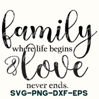 a black and white poster with the words family where life begins, love never ends