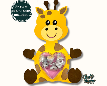 a giraffe holding a heart shaped candy box