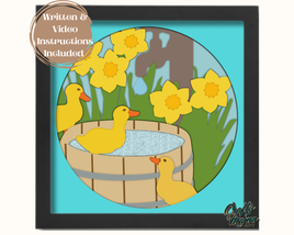 a picture of ducks in a tub with daffodils