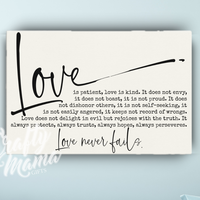 Love Never Fails Canvas Sign