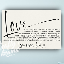 Love Never Fails Canvas Sign