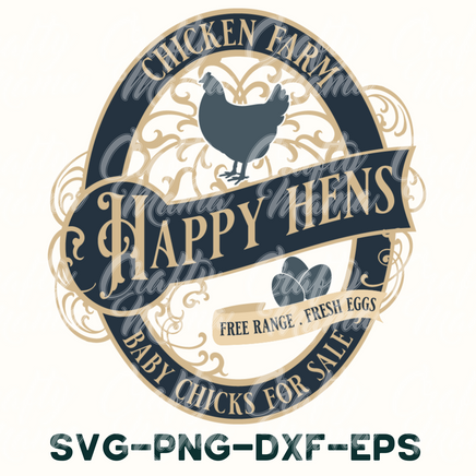 a chicken farm logo with the words happy hens