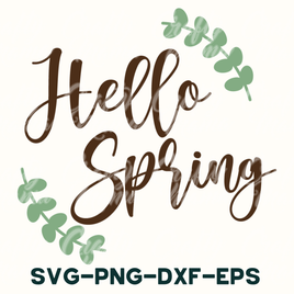 the words hello spring written in brown and green on a white background