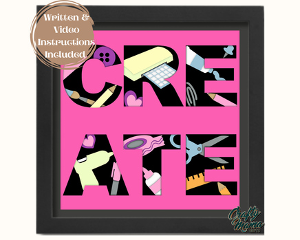 a pink and black frame with a picture of various items on it