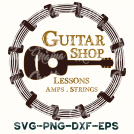 a guitar shop logo with the words lessons amps strings