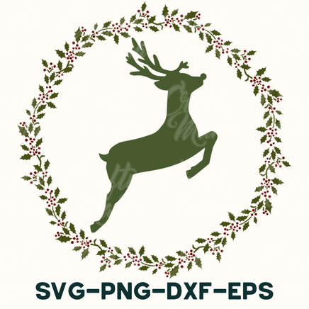 a green reindeer leaping through a wreath of holly