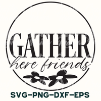 a black and white logo with the words gather here friends