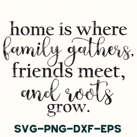 a quote that says, home is where family gathers friends meet and roots grow sv