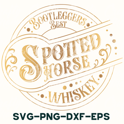 a white and gold logo with the words potted horse whiskey