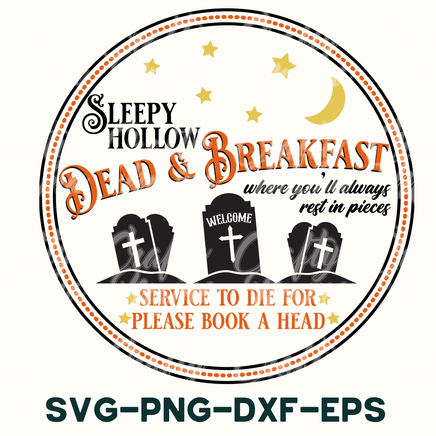 a sign that says, sleepy hollow and breakfast service to die for please book a