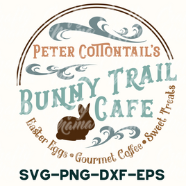 the logo for peter cottontails'bunny trail cafe