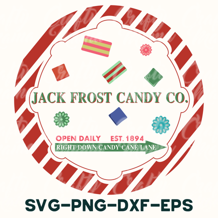 a red and white striped circle with the words jack frost candy co