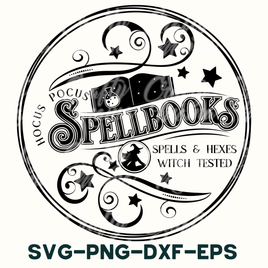 a black and white image of a logo for spellbooks