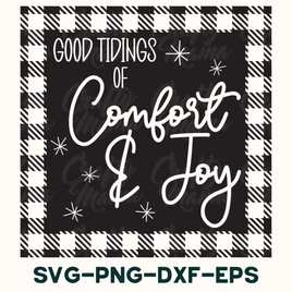 a black and white plaid pattern with the words, good things of comfort and joy