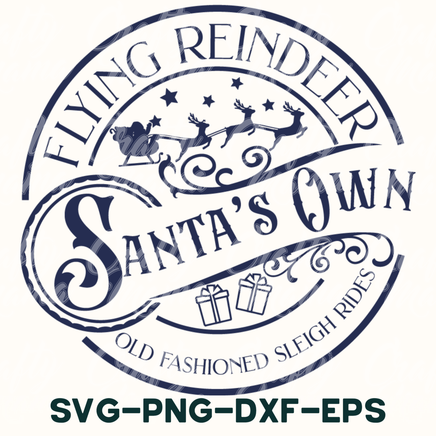 a santa's own logo with the words, flying reindeer santa's own