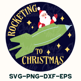 a round sticker with a santa clause riding a rocket