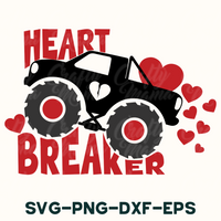 a black monster truck with hearts on it and the words heart breaker