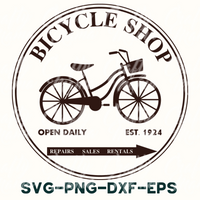 a bicycle shop logo with the words svg - png - dxf