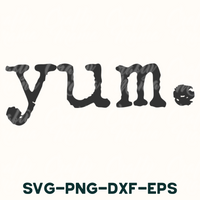 a black and white photo of the word yum