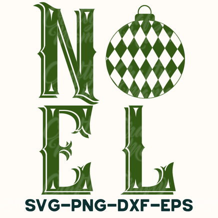 a green and white christmas ornament with the word noel