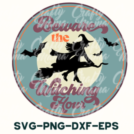 a round sign with a witch flying over it