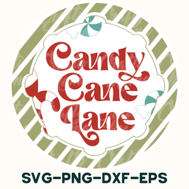 a candy cane lane logo with a candy cane