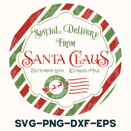 a santa claus sticker with the words special delivery from santa claus